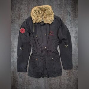 y2k harley davidson military-style faux fur parka jacket.
